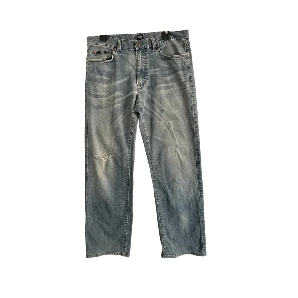 Hugo Boss Texas Jeans Mens 36/34 Light Blue Stretch Straight Leg Distressed
